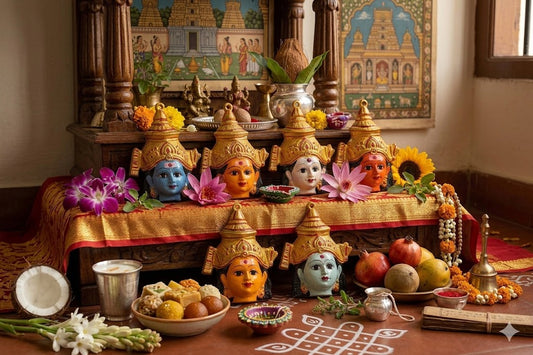 Traditional brass finish Aarumugam face set showing intricate details of six faces 
