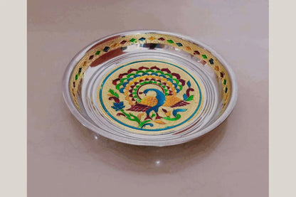 Meenakari Steel Plate  9 inch peacock design- Puja Celebrations