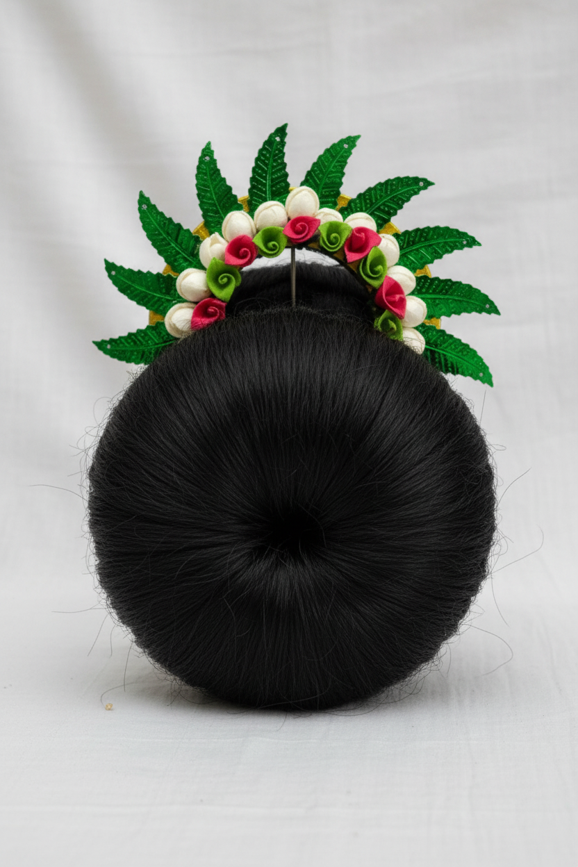 Black hair bun with decorative headband featuring green leaves, white flowers, and red roses on a light gray background.