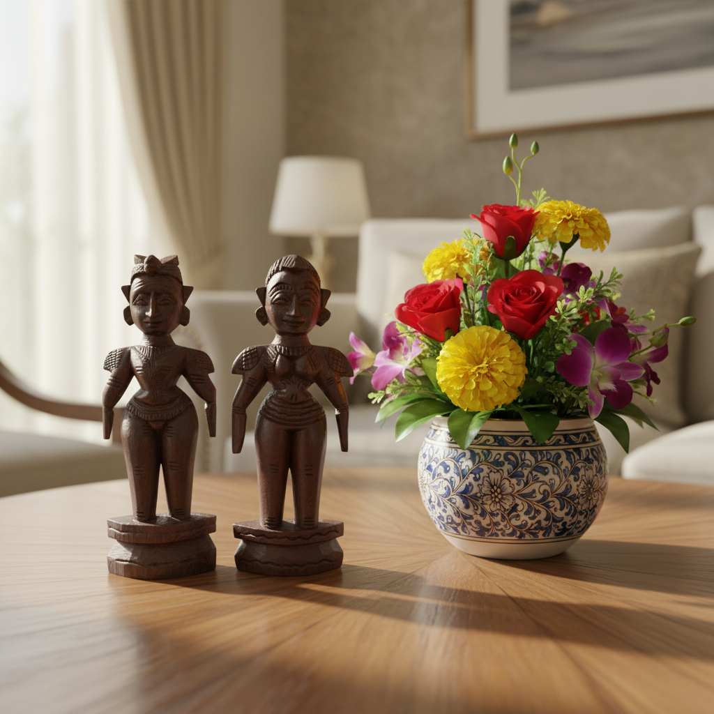 Two wooden figurines and a vase with flowers on a table in a living room.