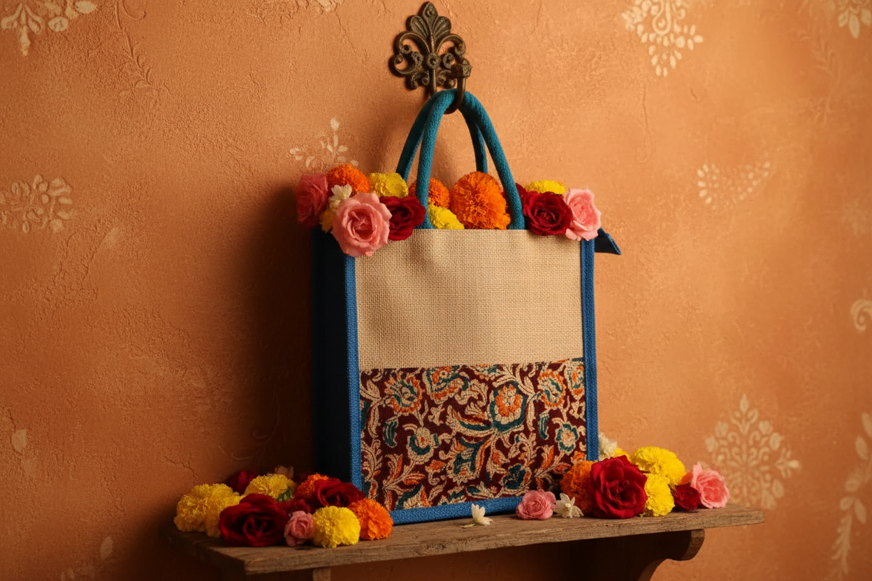Handcrafted Kalamkari Jute Bag for Housewarming and Baby Shower Gifts