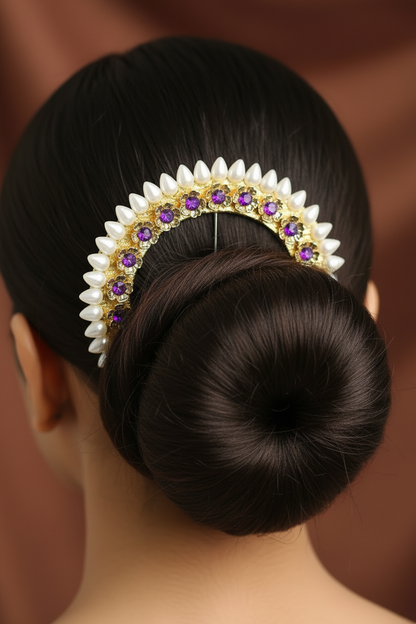 Hair bun with a decorative hairpin against a brown background