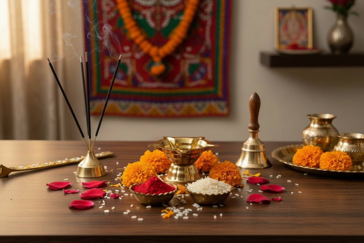 Close up of 5 face brass diya with oil groove