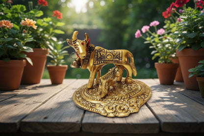 Cow and Calf Medium Gold Oxidised - Puja Celebrations