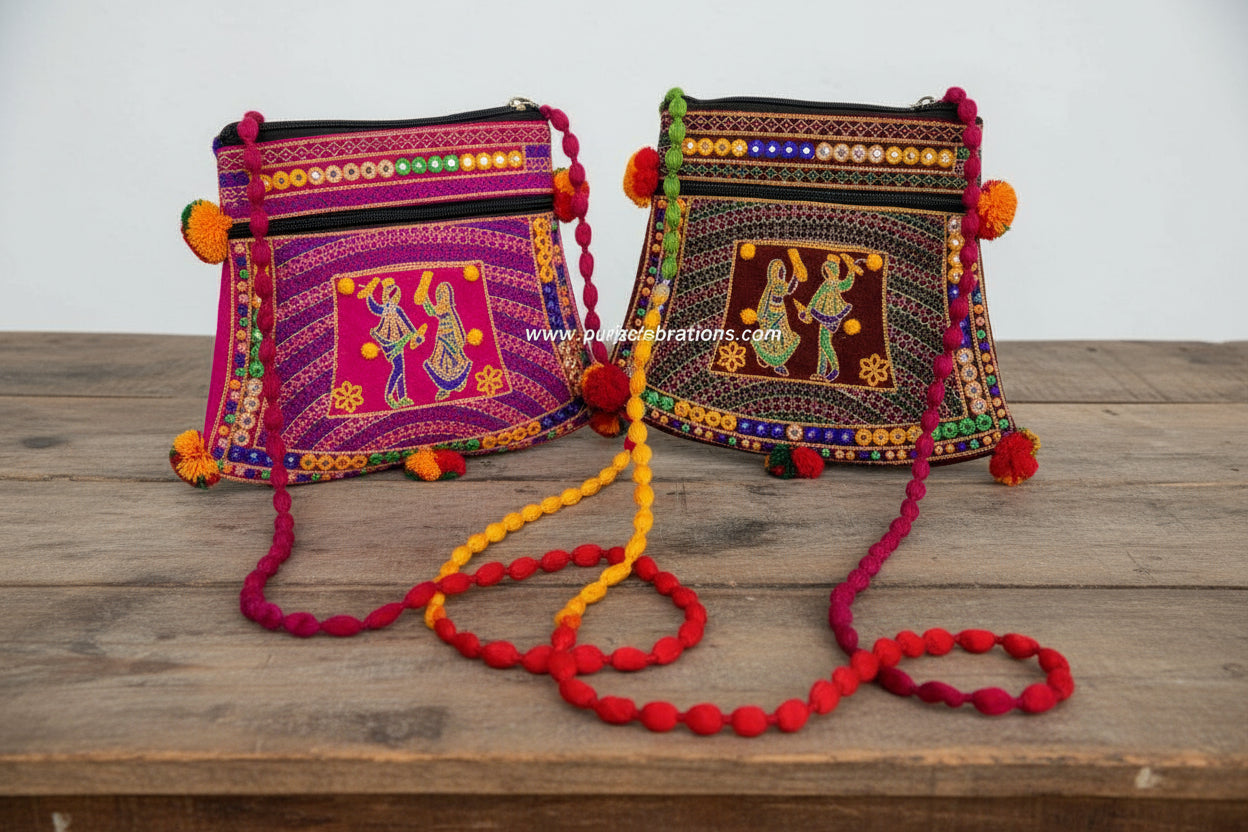 Embroidered Sling Bag with Pompom