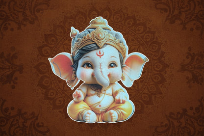 Decorative sticker of a cartoon-like elephant god with a brown textured background