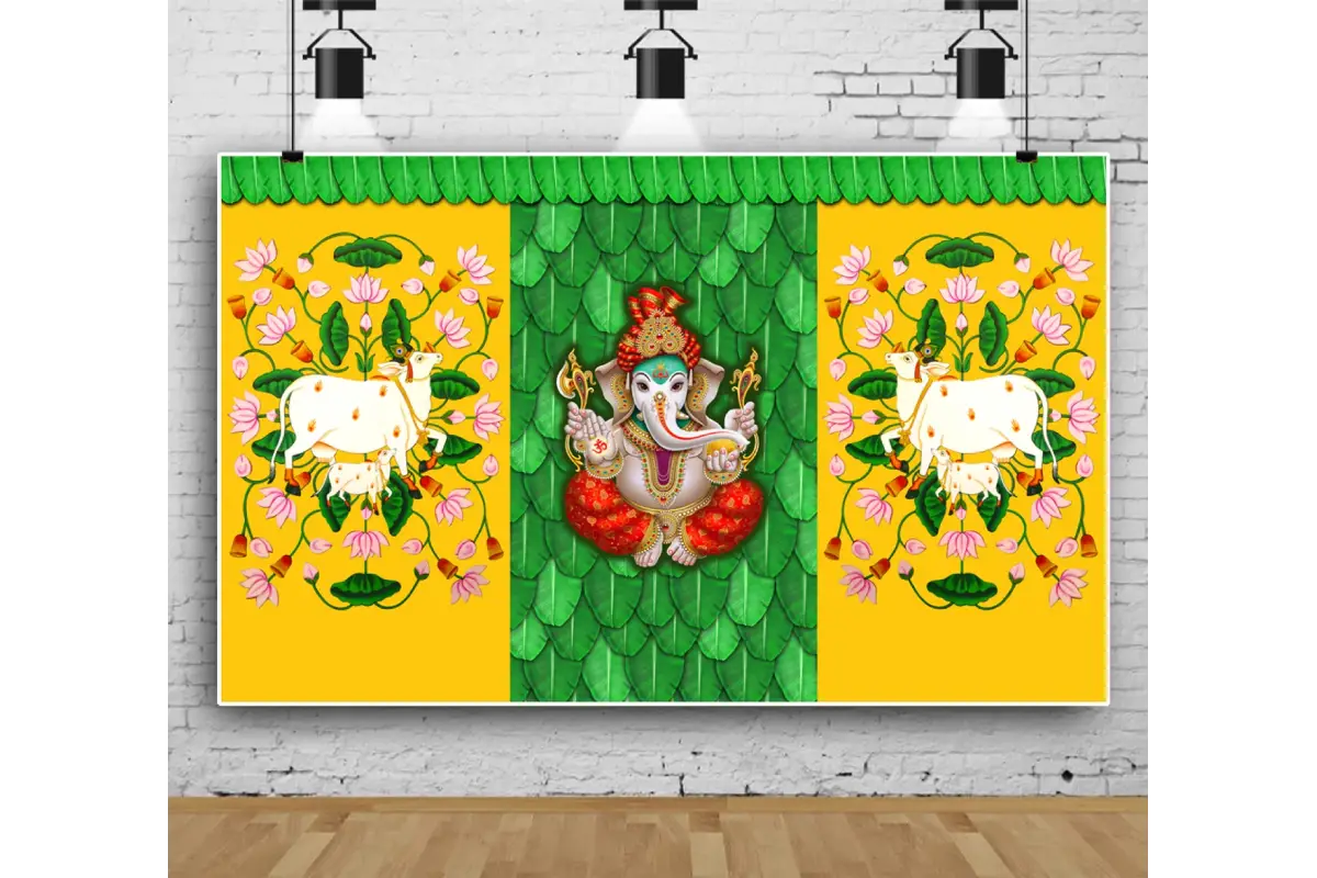 Background Decoration Cloth for Pooja Background Curtain Cloth for Festival Fabric - Gaumata with Ganeshji