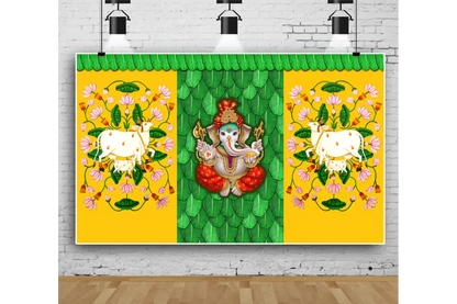 Background Decoration Cloth for Pooja Background Curtain Cloth for Festival Fabric - Gaumata with Ganeshji