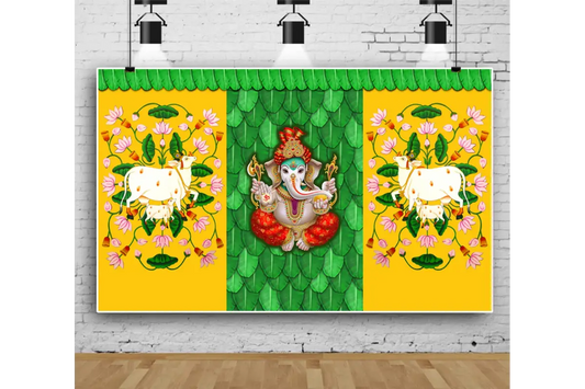 Background Decoration Cloth for Pooja Background Curtain Cloth for Festival Fabric - Gaumata with Ganeshji