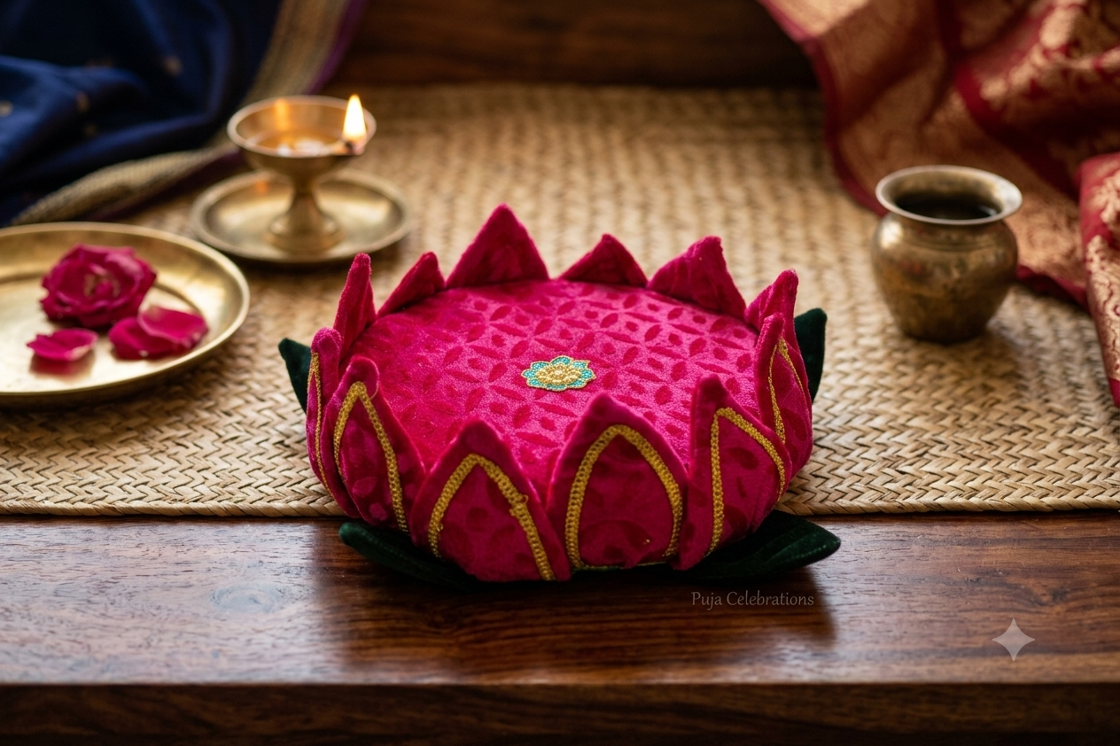 A bright pink lotus-shaped fabric cushion with gold embroidered details and a small floral emblem on top, displayed on a wooden table with traditional Indian decor in the background.