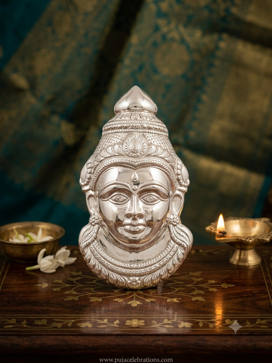 German Silver Goddess Gowri Face for Puja & Festivals (Ammavaru Mukham)