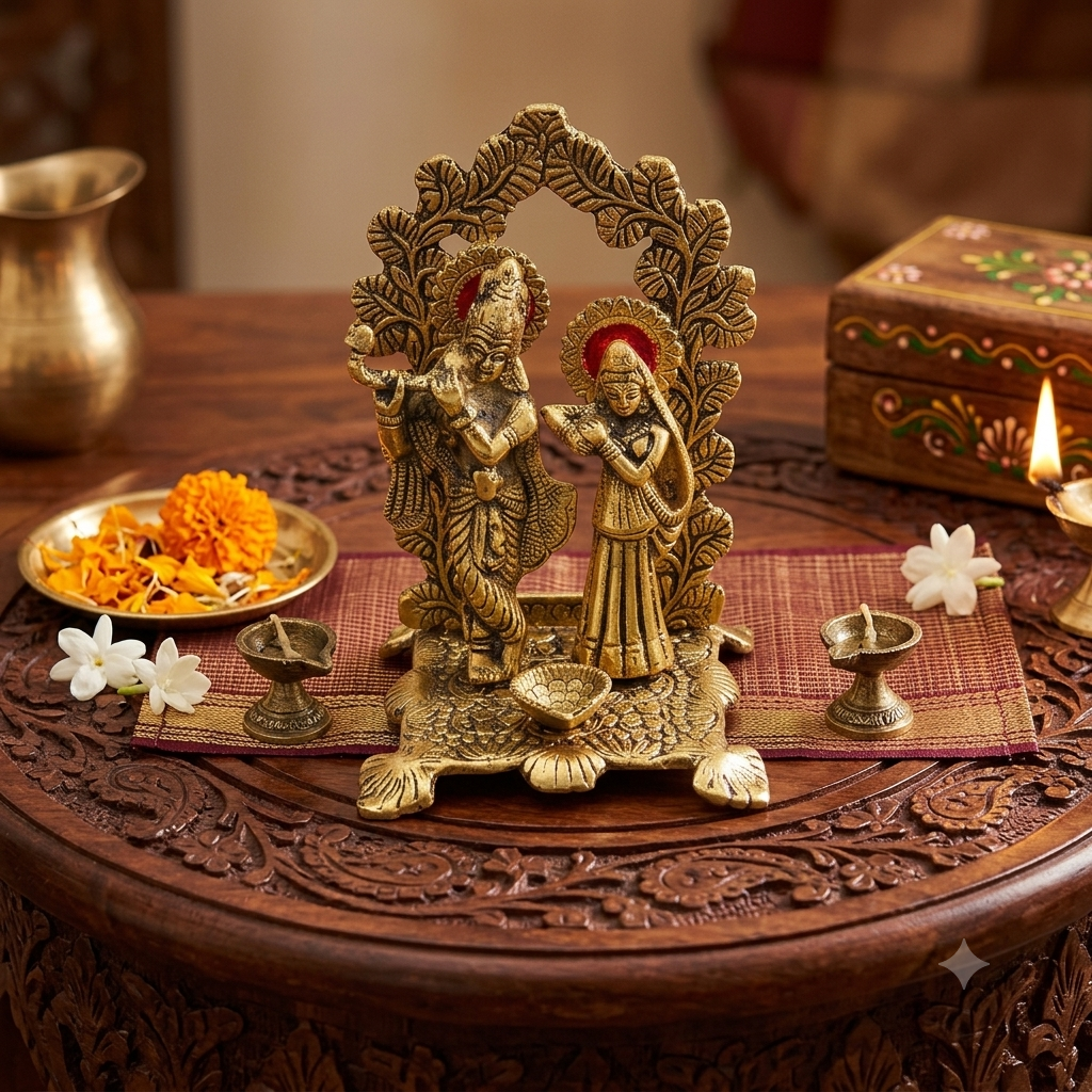 A Lord Krishna and Radha idol displayed on a carved wooden table with traditional decorative items including marigold flowers, white flowers, and oil lamps.