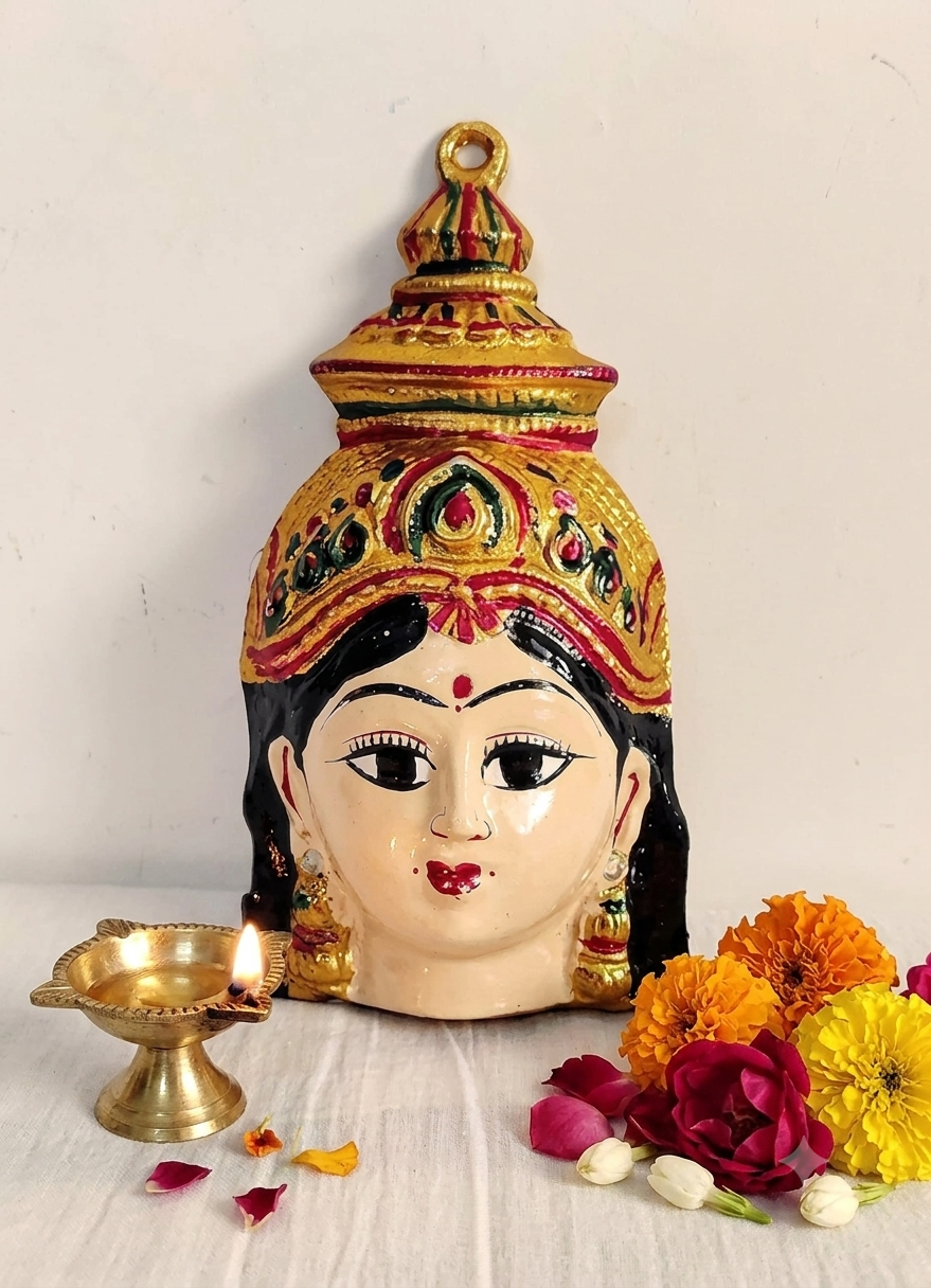 A decorative Hindu deity idol head, likely Lakshmi, with a gold crown, black hair, and painted face, displayed on a white surface with a brass diya, flower petals, and marigold flowers against a plain white wall.