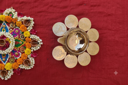 Kubera Diya With Lakshmi Kubera Coins-Traditional Brass Kubera Vilakku with Lakshmi Kubera Coins Set