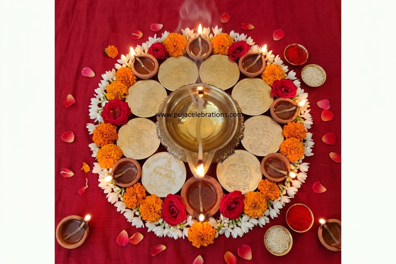 Kubera Diya With Lakshmi Kubera Coins-Traditional Brass Kubera Vilakku with Lakshmi Kubera Coins Set