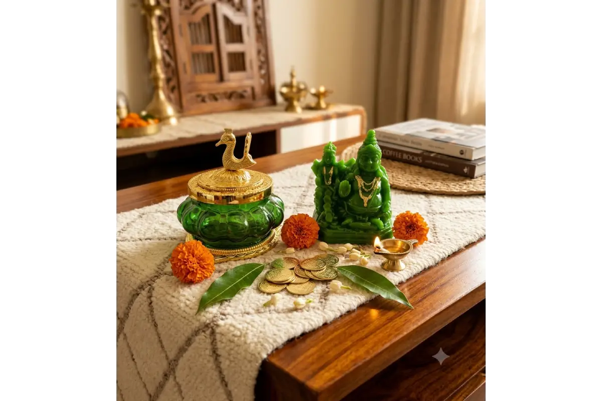 Kubera Pot Green Statue & Coins