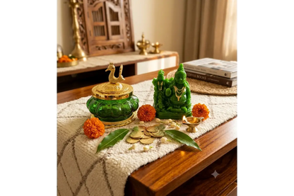 Kubera Pot Green Statue & Coins