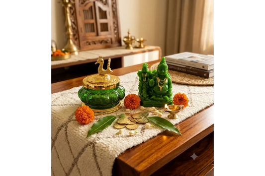 Kubera Pot Green Statue & Coins