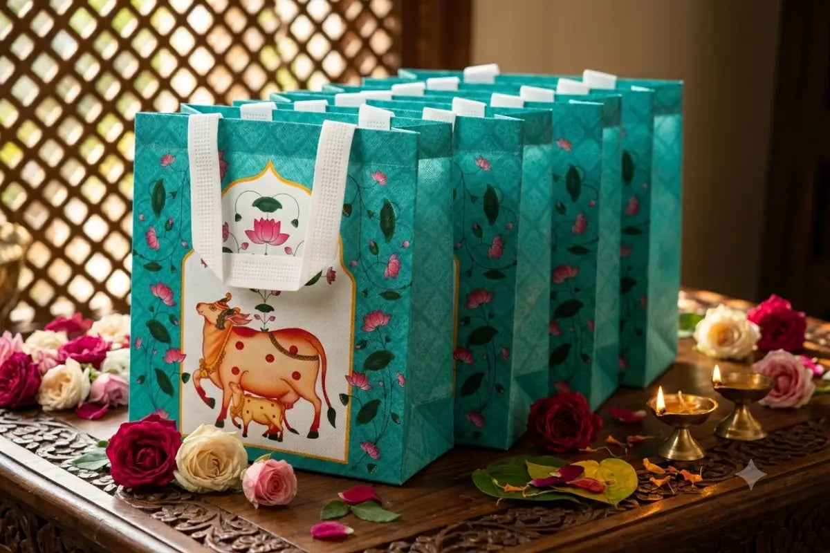 Traditional Pichwai print Thamboolam bag with cow and lotus motifs for wedding return gifts - Puja Celebrations