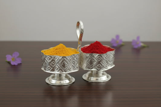 Haldi Kumkum Holder in White Metal – Puja Accessory for Baby Shower & Housewarming Gifts