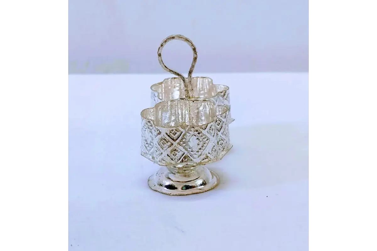 Elegant White Metal Haldi Kumkum Stand – Engagement & Wedding Gift – Puja Celebrations