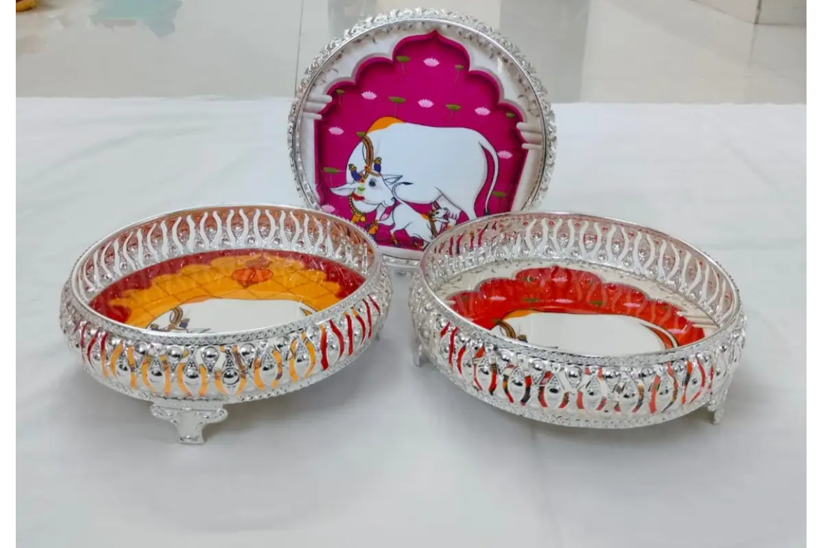 Intricate Pichwai Design German Silver Tray for Housewarming Gifts