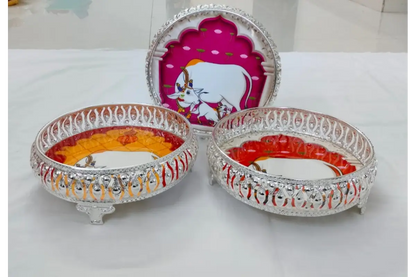 Intricate Pichwai Design German Silver Tray for Housewarming Gifts