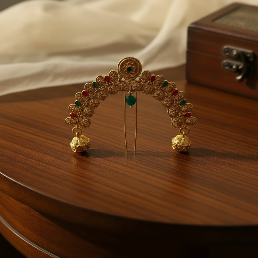 Gold hair ornament with red and green gemstones on a beige background