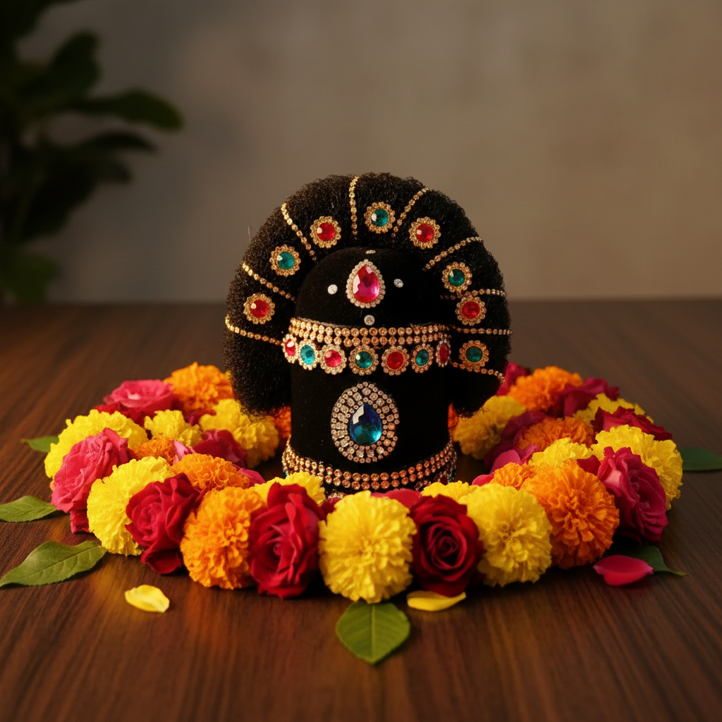 Decorative black object with colorful gemstones on a white surface