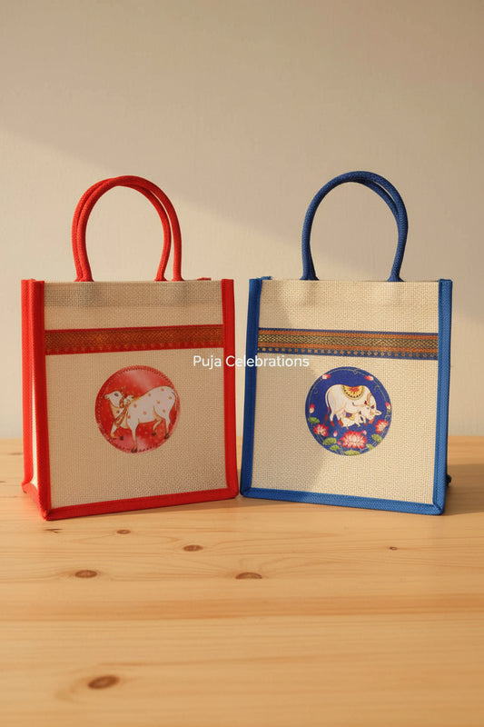 Printed Brocade Jute Bag - Puja Celebrations