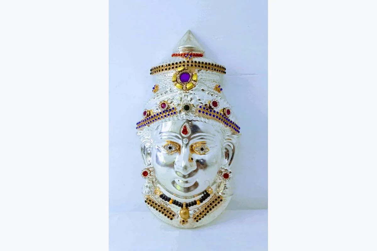 German Silver Decorated Amman Devi Face - Puja Celebrations