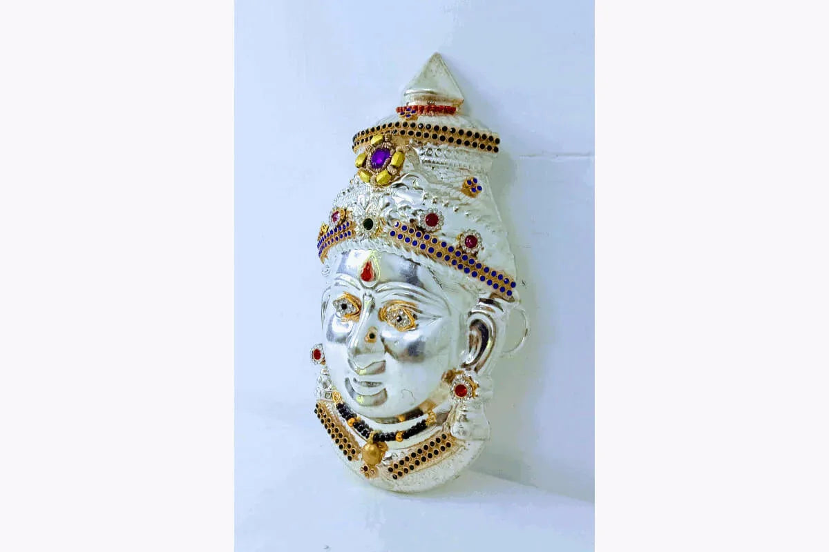 German Silver Decorated Amman Devi Face - Puja Celebrations
