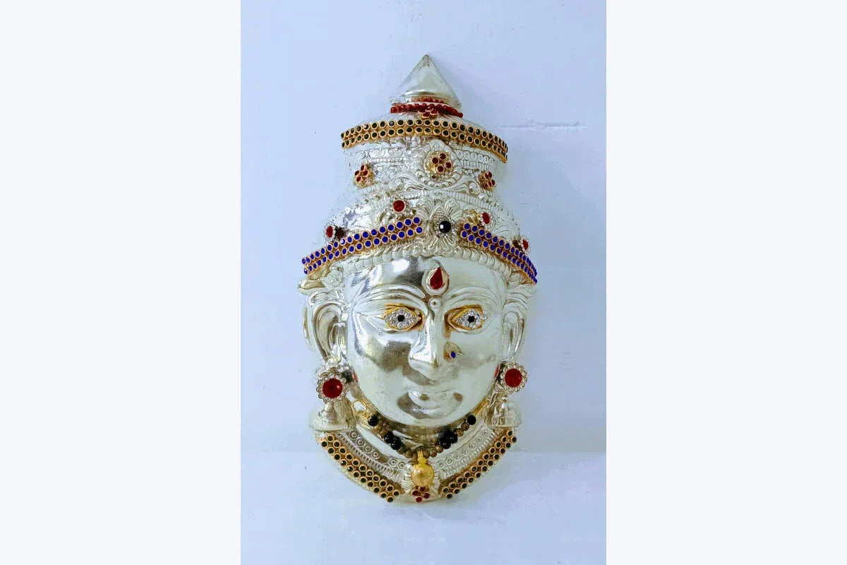 German Silver Decorated Amman Devi Face - Puja Celebrations
