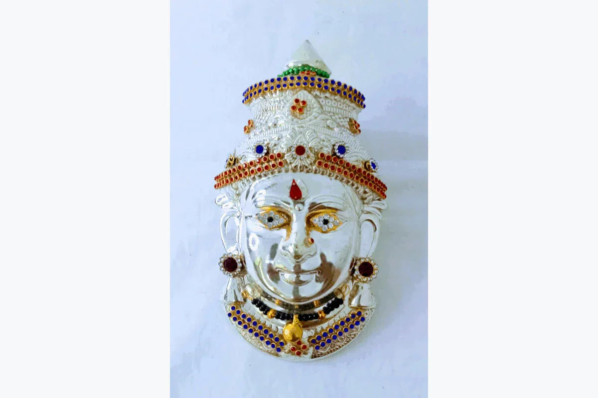 German Silver Decorated Amman Devi Face - Puja Celebrations