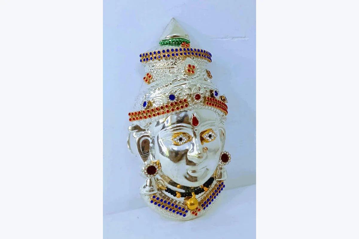 German Silver Decorated Amman Devi Face - Puja Celebrations