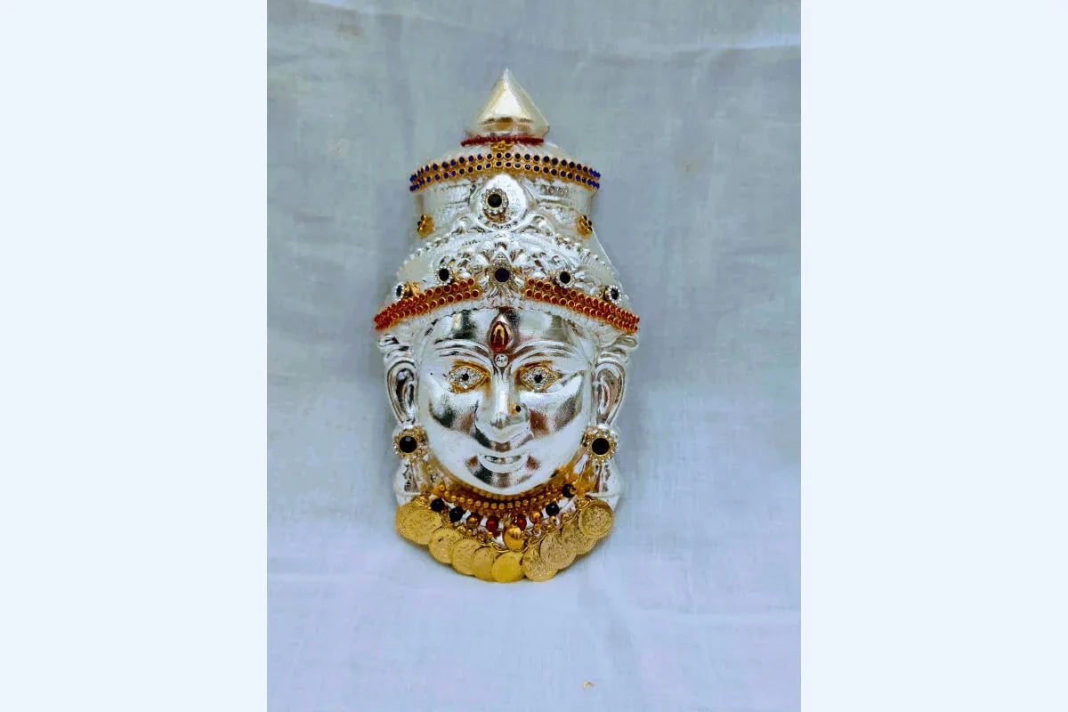 German Silver Decorated Amman Devi Face - Puja Celebrations