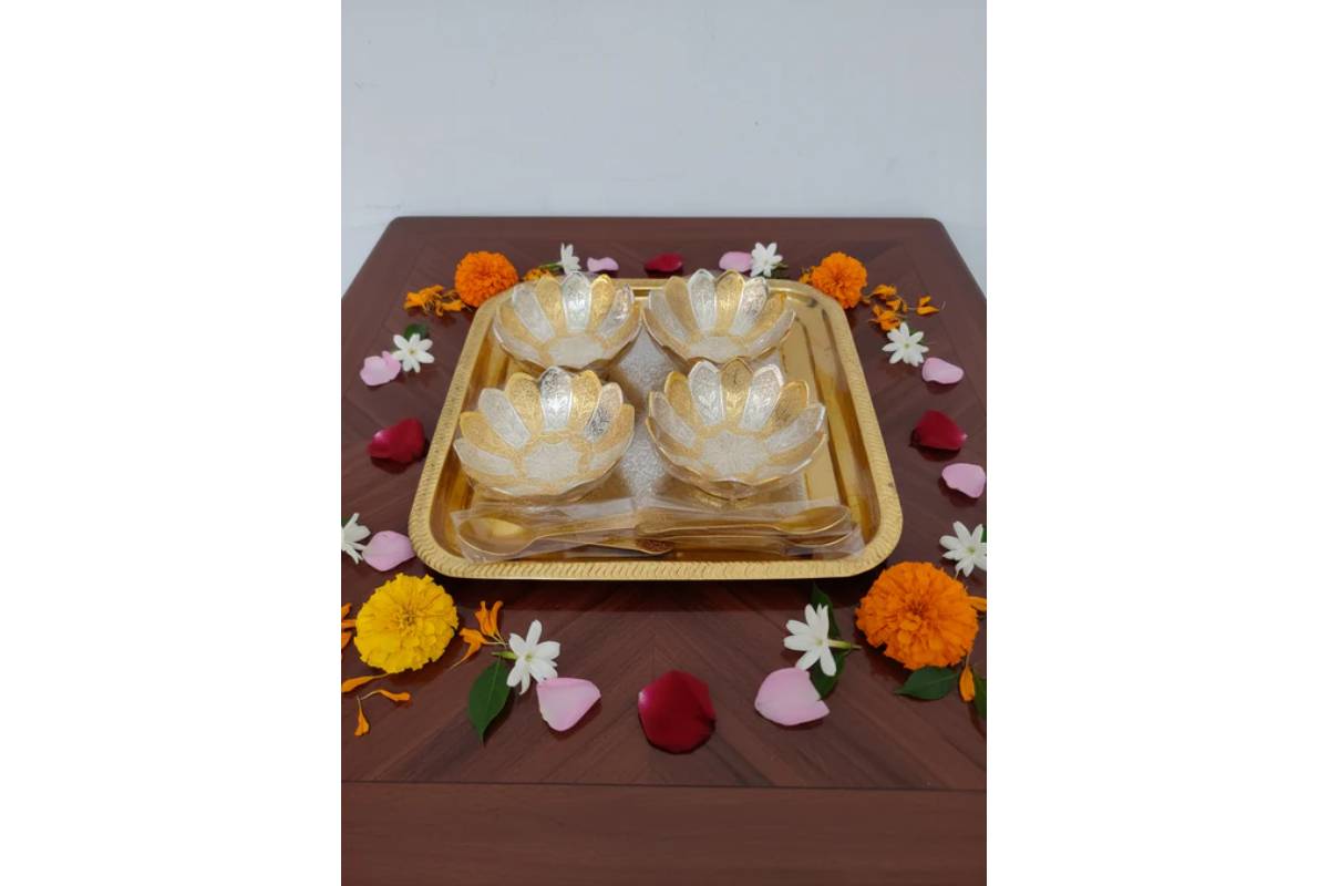 Bowl Gold Silver Tray Set