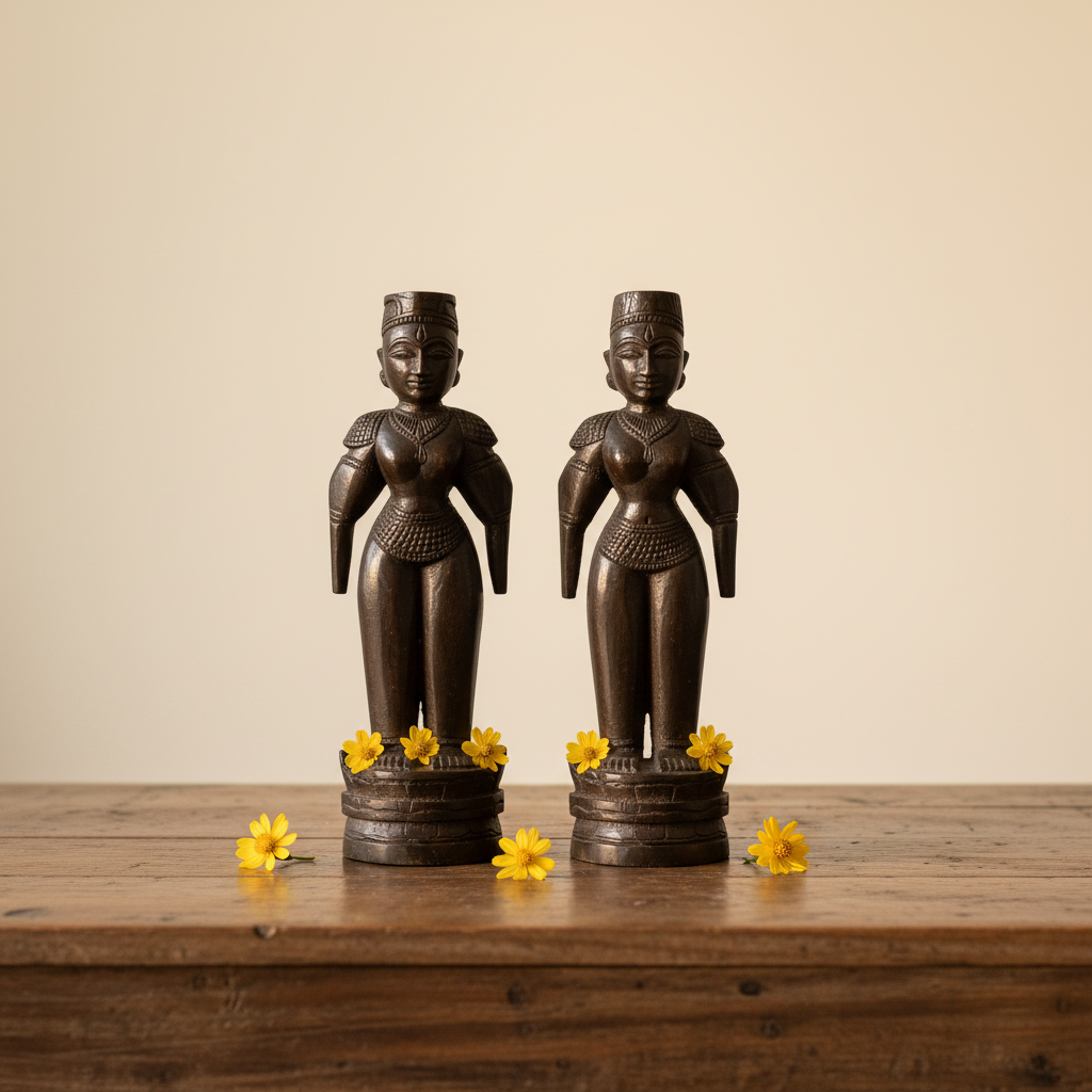 Two bronze statues of Apsara figures on a wooden table with yellow flowers.