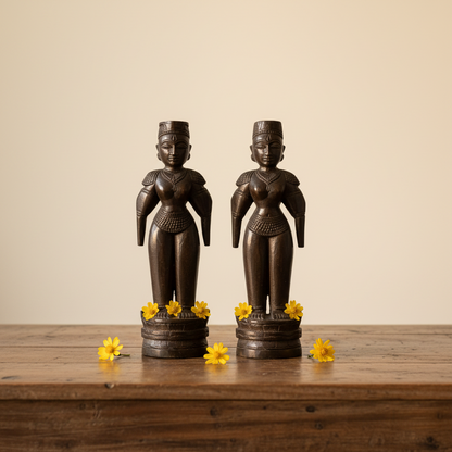 Two bronze statues of Apsara figures on a wooden table with yellow flowers.