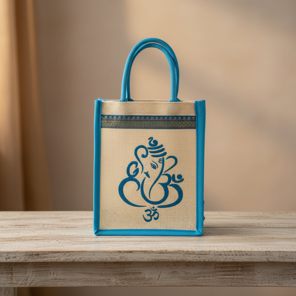Printed Brocade Jute Bag - Puja Celebrations