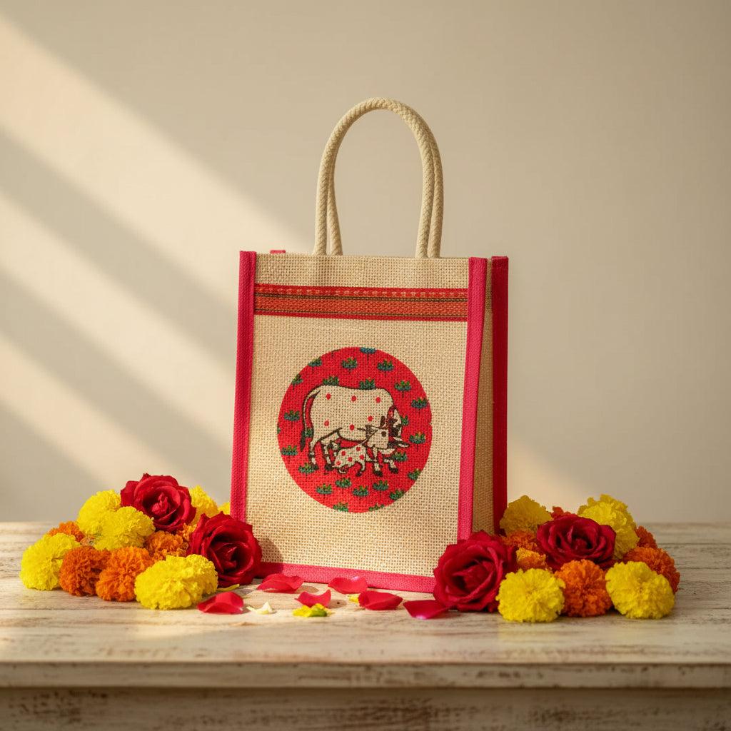 Jute bag with a red border and circular design featuring a cartoon character on a white background