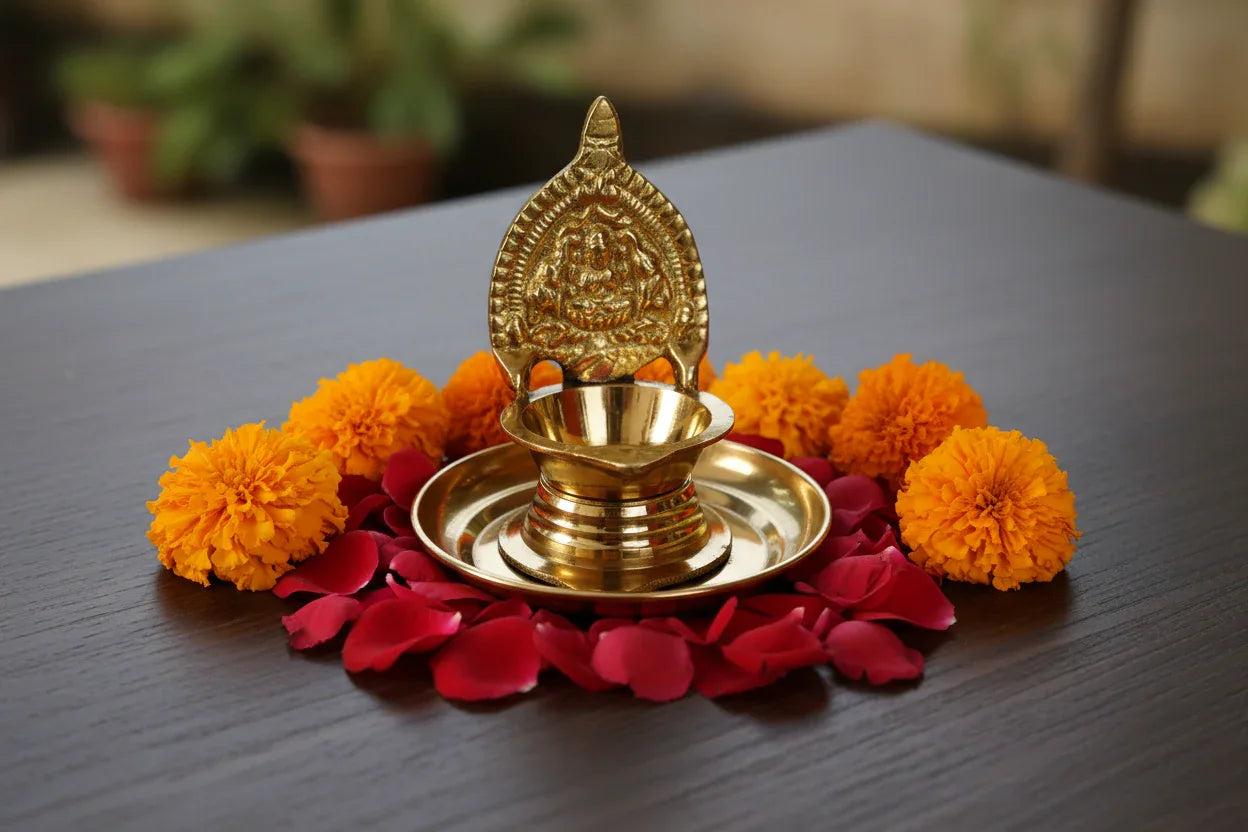 Brass Kamakshi Devi Diya with Plate - Puja Celebrations