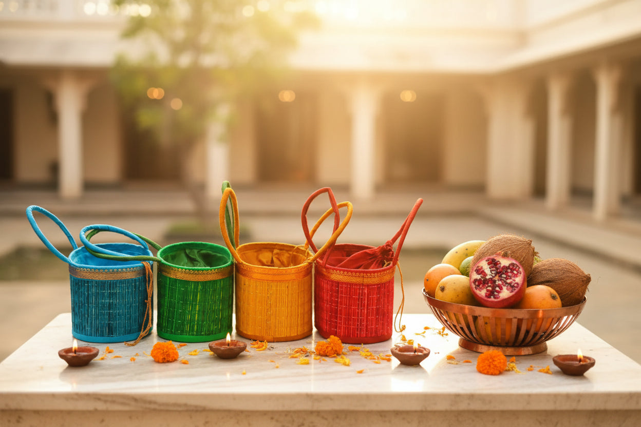 Eco-friendly river grass potli bag for traditional Indian functions.