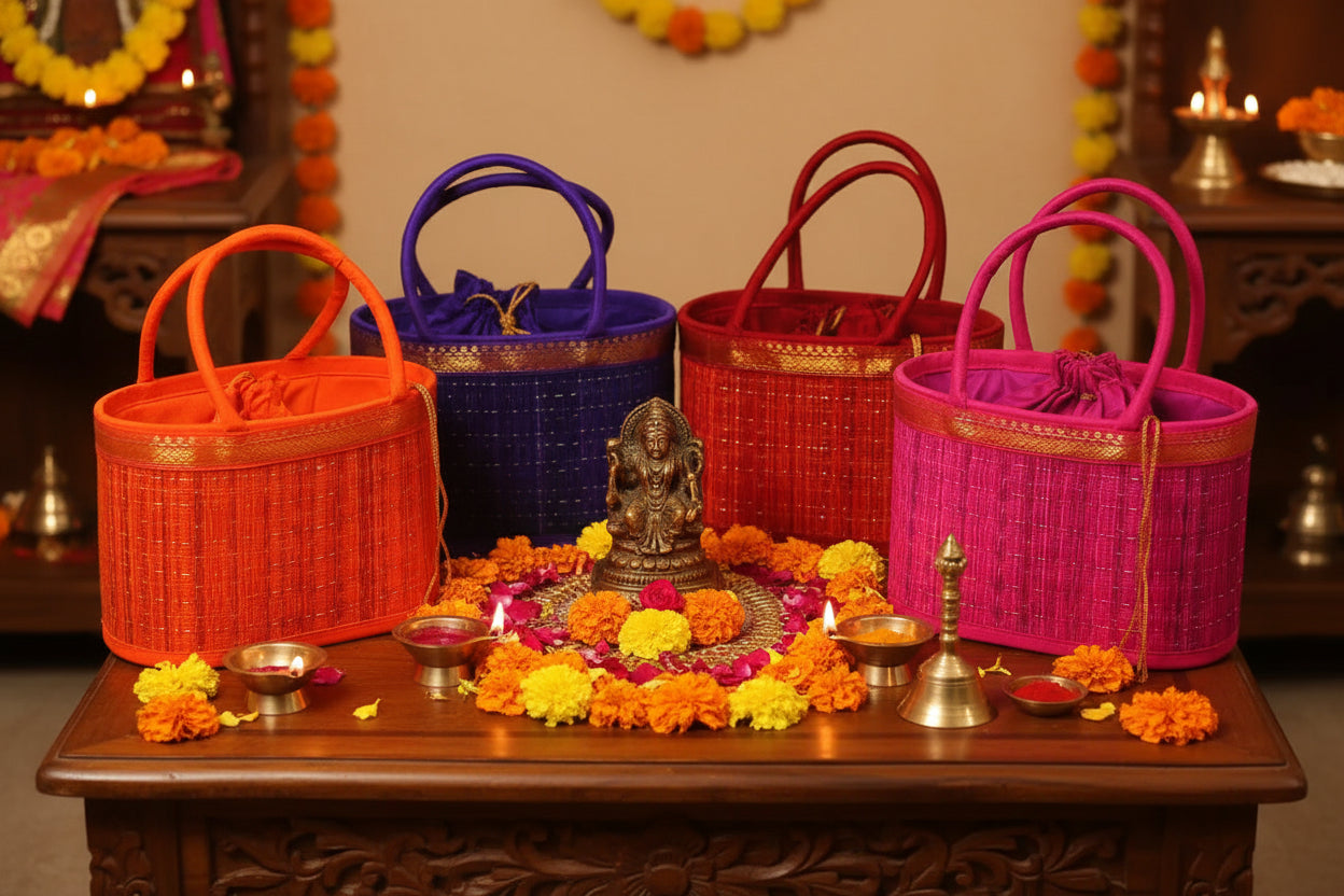 Korai mat hamper potli with traditional zari border in assorted colors.