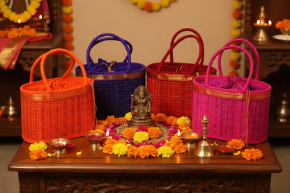 Korai mat hamper potli with traditional zari border in assorted colors.