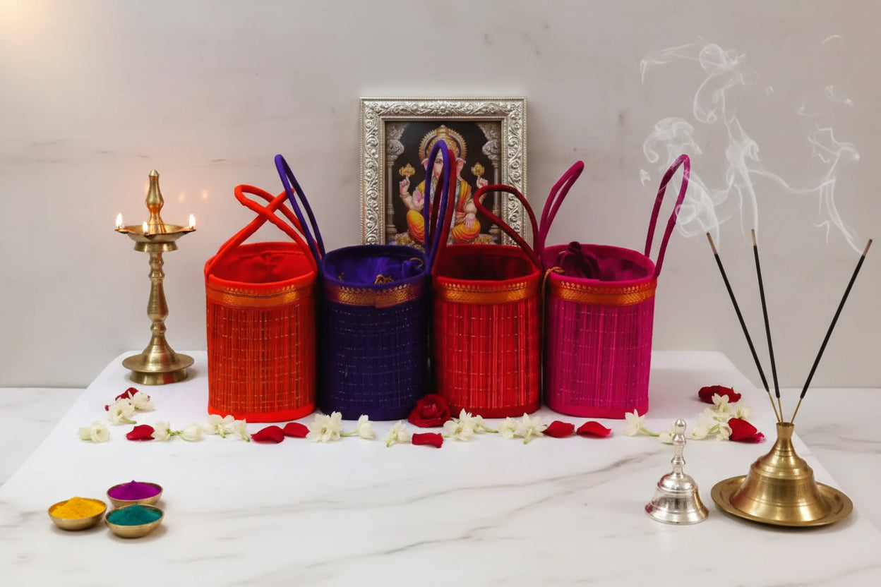 Multicolored river grass hamper potli for ethnic gift packaging.