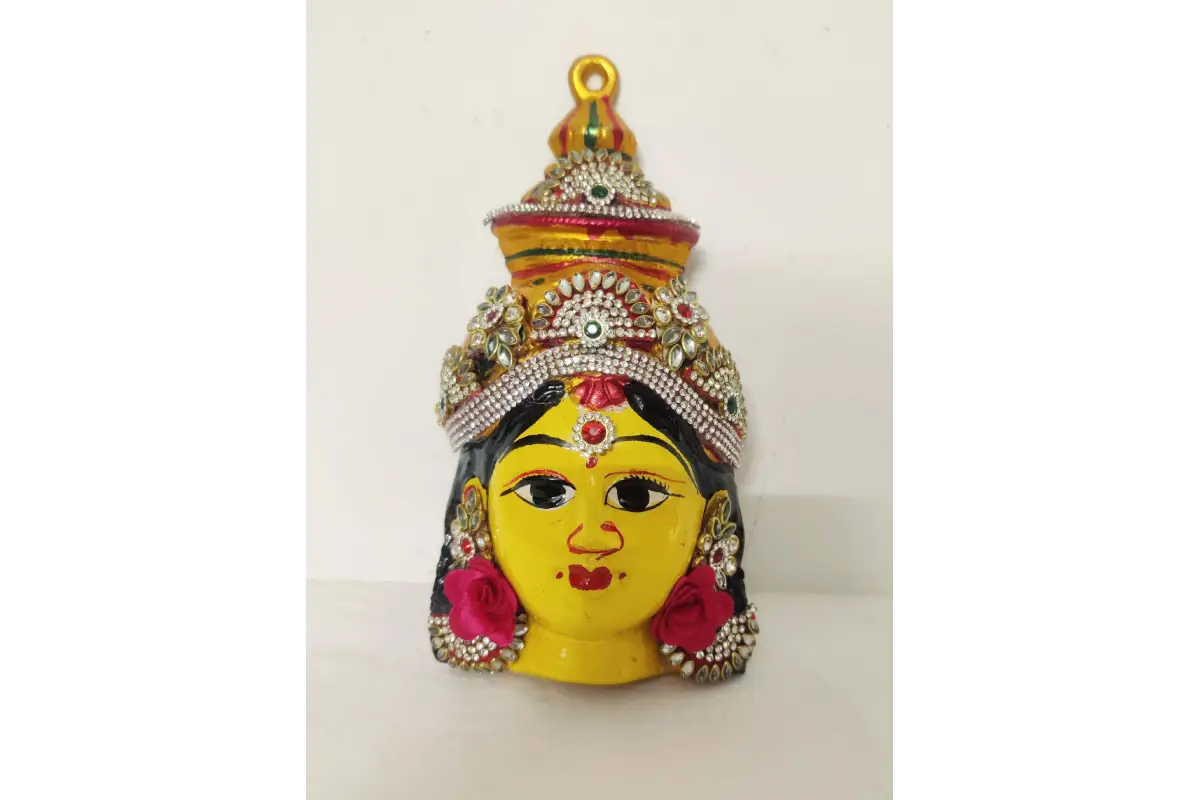 Metal Lakshmi Devi face with pink rose detail for Varalakshmi Vratham kalash alankaram from Puja Celebrations