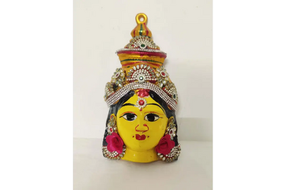 Metal Lakshmi Devi face with pink rose detail for Varalakshmi Vratham kalash alankaram from Puja Celebrations