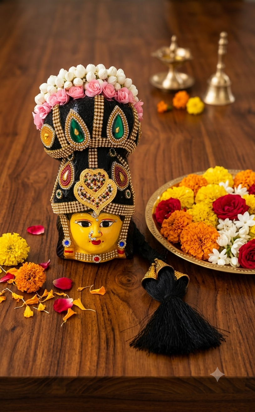A decorative black and gold Lord Amman idol adorned with white jasmine flowers.