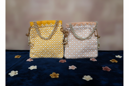 Lucknowi Chikankari Print Beads Potli
